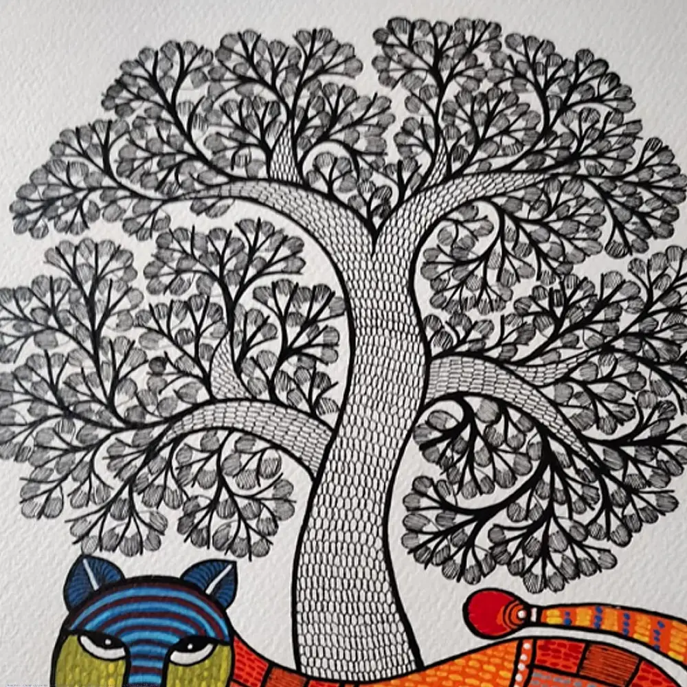 Hand Painted Gond Painting - Tigress 
