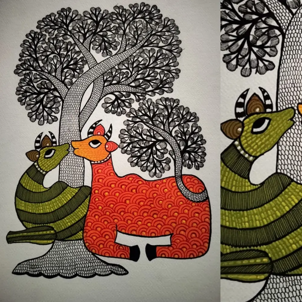 Hand Painted Gond Painting - Tree of Togetherness