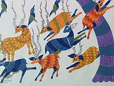 Nandan . नंदन | Canvas Gond Painting - Running Deers ( 2' x 3' )