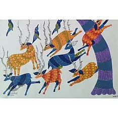 Nandan . नंदन | Canvas Gond Painting - Running Deers ( 2' x 3' )