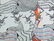 Nandan . नंदन | Canvas Gond Painting - Deers & Tree ( 2' x 3' )