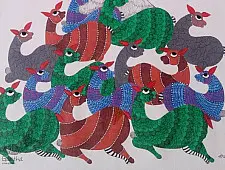 Nandan . नंदन | Canvas Gond Painting - Birds on Tree ( 2' x 3' ) 