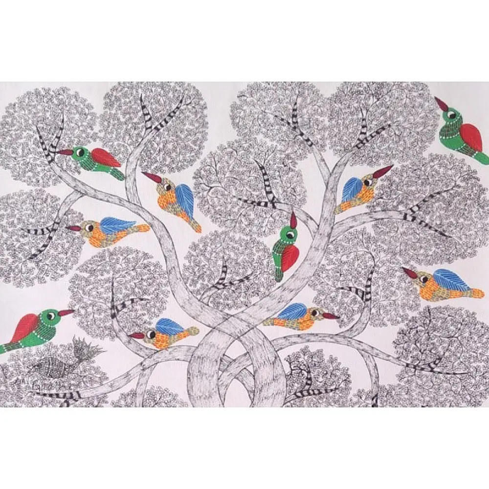 hand painted gond painting of singing birds on tree