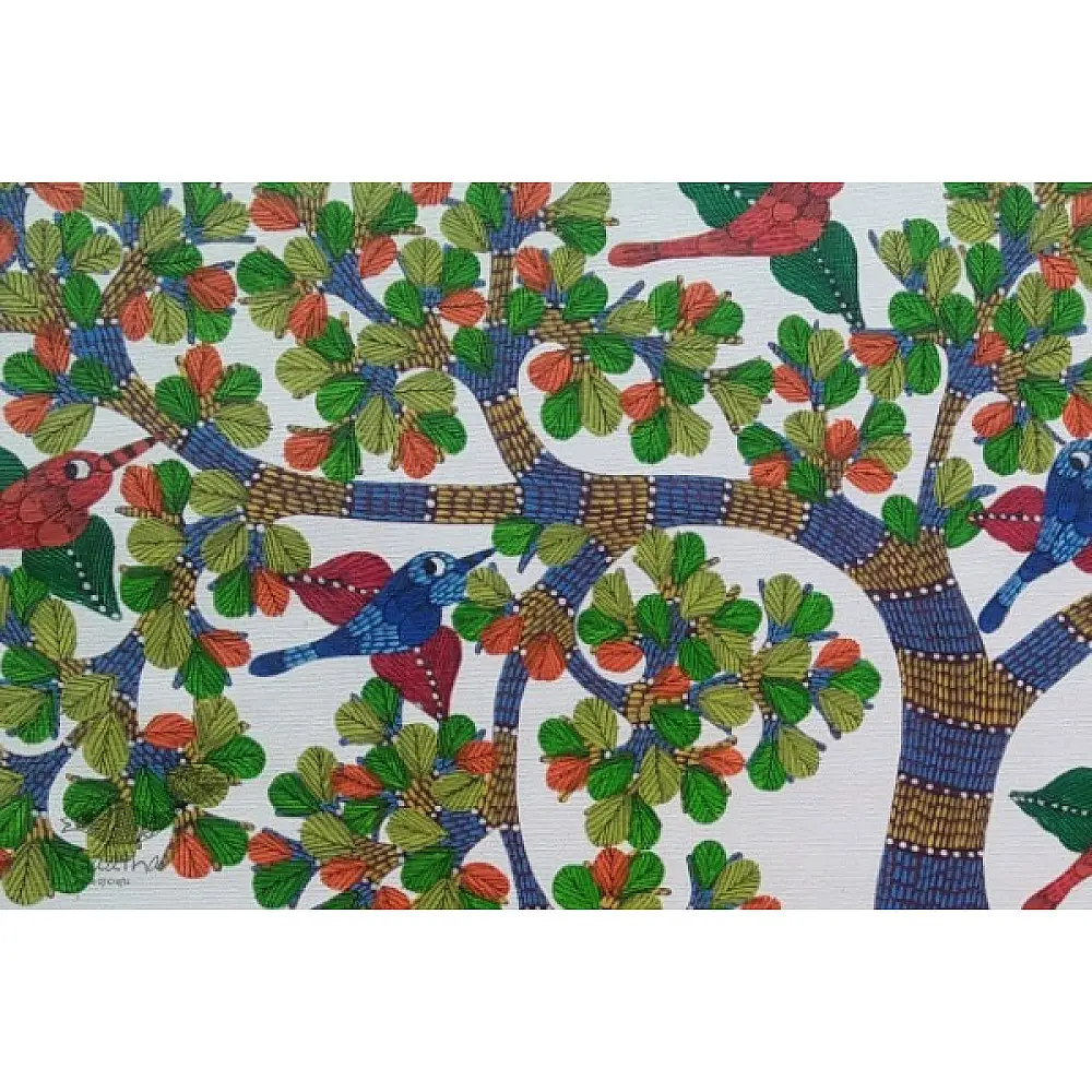 gond painting of peacock and deer