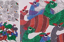 Nandan . नंदन | Canvas Gond Painting - Birds on Tree ( 2' x 3' ) 