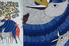 Nandan . नंदन | Canvas Gond Painting - Deer Family ( 2' x 3' )