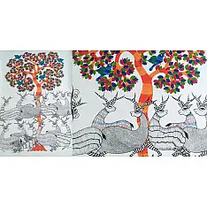 Nandan . नंदन | Canvas Gond Painting - Deers & Tree ( 2' x 3' )