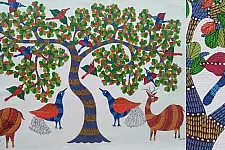 Nandan . नंदन | Canvas Gond Painting - Peacock & Deer ( 2' x 3' )