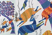 Nandan . नंदन | Canvas Gond Painting - Running Deers ( 2' x 3' )