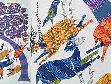 Nandan . नंदन | Canvas Gond Painting - Running Deers ( 2' x 3' )