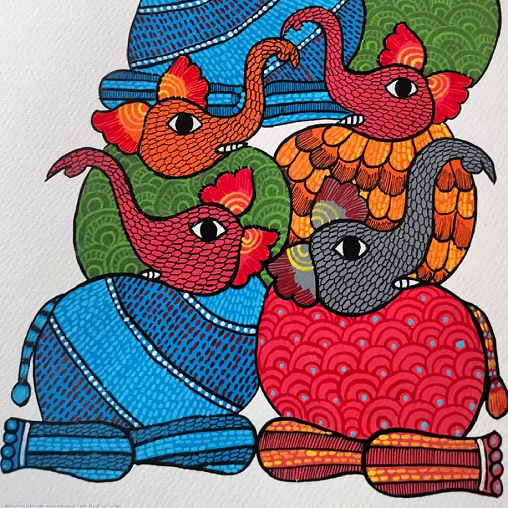 Hand Painted Gond Painting - Elephants