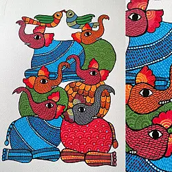 Nandan . नंदन ✦ Handcrafted ~ Gond Painting ( 12" x 16" ) - Elephants