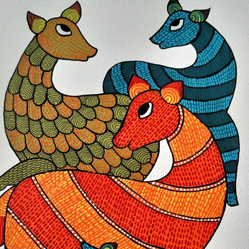 Hand Painted Gond Painting - Deer Family