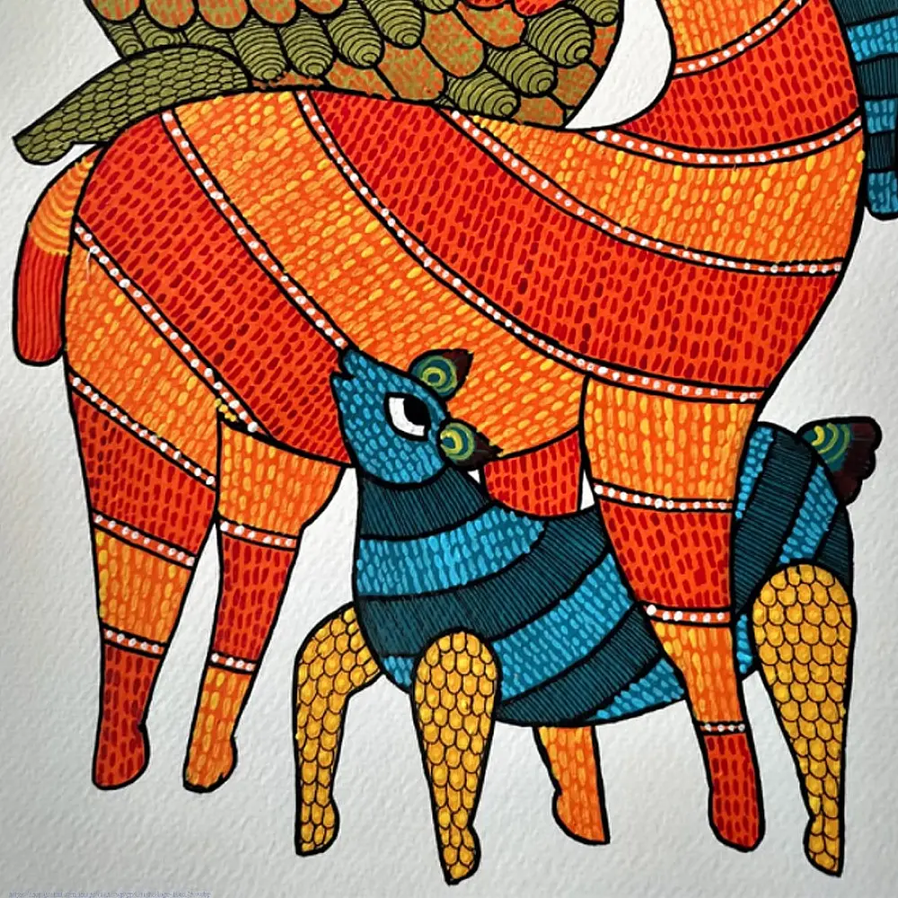 Hand Painted Gond Painting - Deer Family