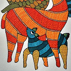 Nandan . नंदन ✦ Handcrafted ~ Gond Painting ( 12" x 16" ) - Deer Family