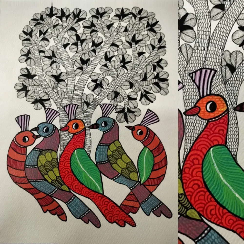 Hand Painted Gond Painting - Birds
