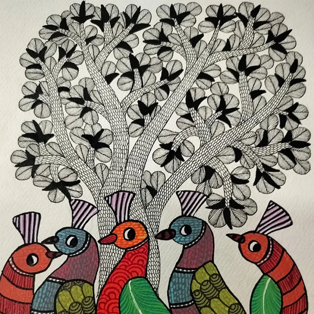Hand Painted Gond Painting - Birds