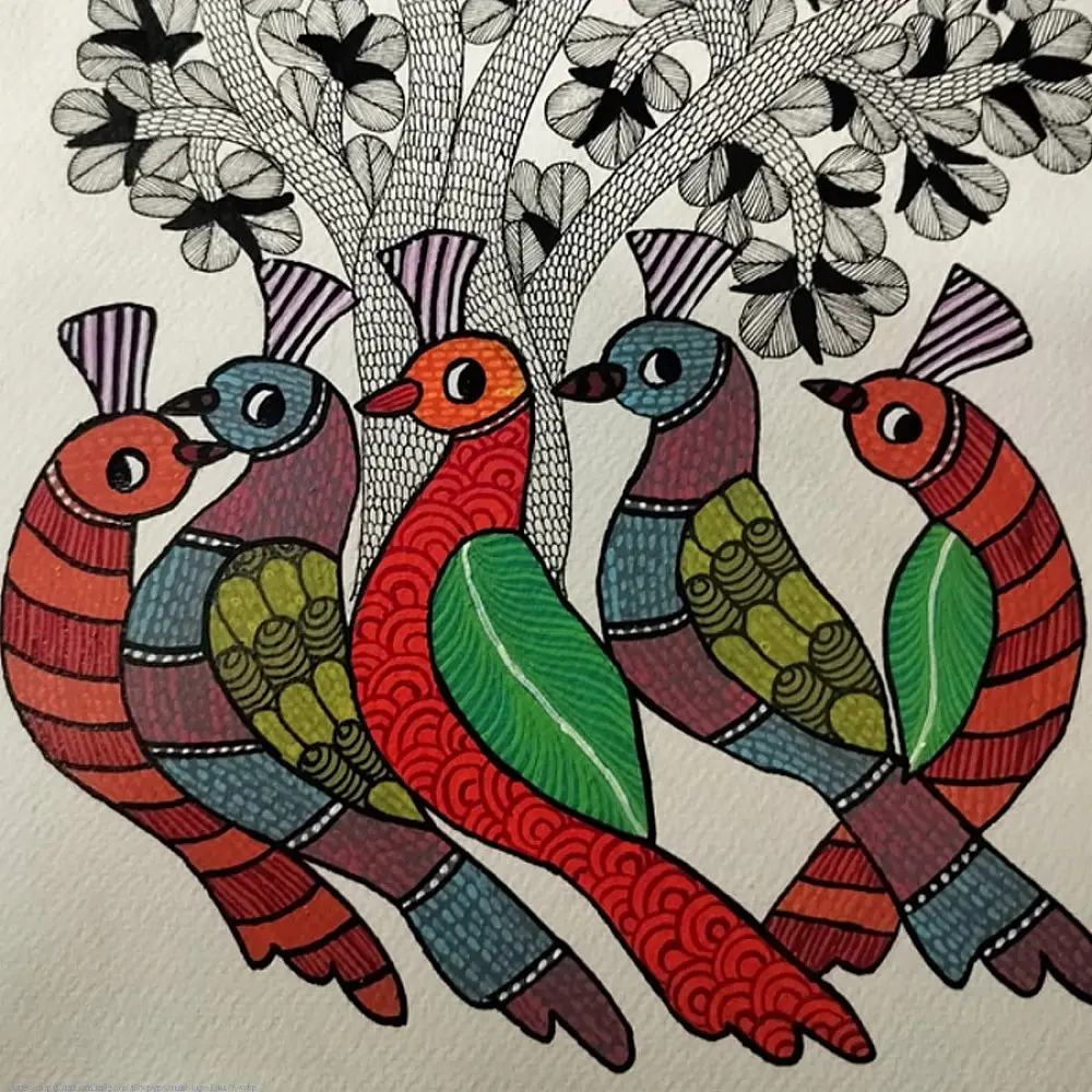 Hand Painted Gond Painting - Birds