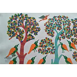 Nandan . नंदन ~ Canvas Gond Painting - ( 2' x 3' ) - Birds & Tree