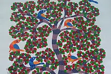 Nandan . नंदन ~ Hand Painted Canvas Gond Painting - ( 2' x 3' ) - Three Peacocks