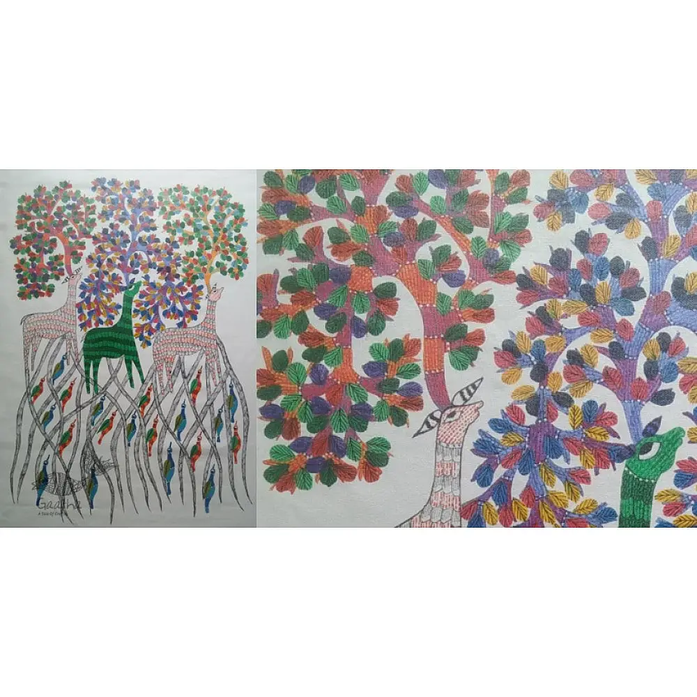 Canvas Gond Painting - Deer & Trees