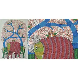 Nandan . नंदन ~ Canvas Gond Painting - ( 2' x 3' ) - Elephants