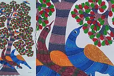 Nandan . नंदन ~ Hand Painted Canvas Gond Painting - ( 2' x 3' ) - Three Peacocks