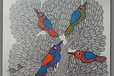 Nandan . नंदन ~ Hand Painted Gond Art ~ Painting ( 11" x 15" ) - birds