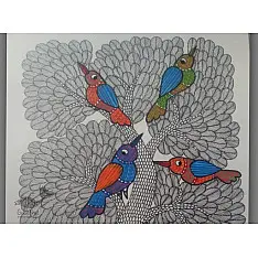 Nandan . नंदन ~ Hand Painted Gond Art ~ Painting ( 11" x 15" ) - birds
