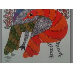 Nandan . नंदन ~ Hand Painted Gond Art ~ Painting ( 11" x 15" ) - peahens