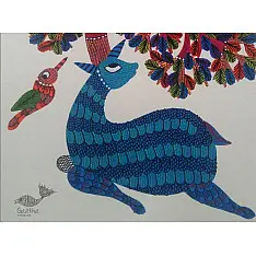 Nandan . नंदन ~  Gond Art ~ Deer & Tree  ( 11" x 15" ) 