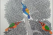 Nandan . नंदन ~ Hand Painted Gond Art ~ birds ( 11" x 15" )