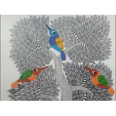 Nandan . नंदन ~ Hand Painted Gond Art ~ birds ( 11" x 15" )
