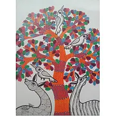 Nandan . नंदन ~ Hand Painted Gond Art ~ Painting ( 11" x 15" ) - Orange Tree