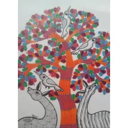 Nandan . नंदन ~ Hand Painted Gond Art ~ Painting ( 11" x 15" ) - Orange Tree