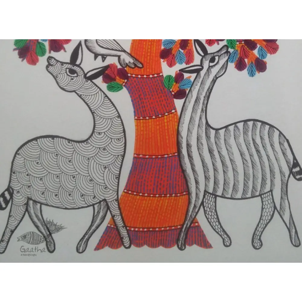 Hand Painted Gond Art ~ Painting ( 11" x 15" ) Orange Tree