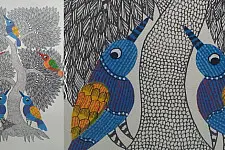 Nandan . नंदन ~ Hand Painted Gond Art ~ birds ( 11" x 15" )