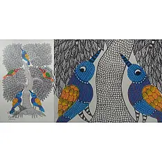 Nandan . नंदन ~ Hand Painted Gond Art ~ birds ( 11" x 15" )