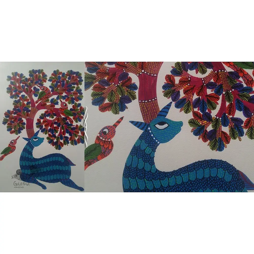 Hand Painted Gond Art ~ Painting ( 11" x 15" ) Deer & Tree