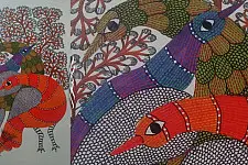 Nandan . नंदन ~ Hand Painted Gond Art ~ Painting ( 11" x 15" ) - peahens