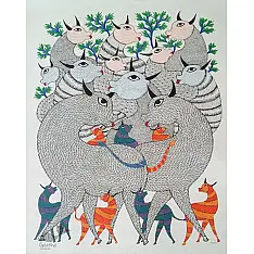 Nandan . नंदन ❁ Canvas Gond Painting (24" x 36") ❁ 47 Nandan . नंदन ❁ Canvas Gond Painting (24" x 36") ❁ 47