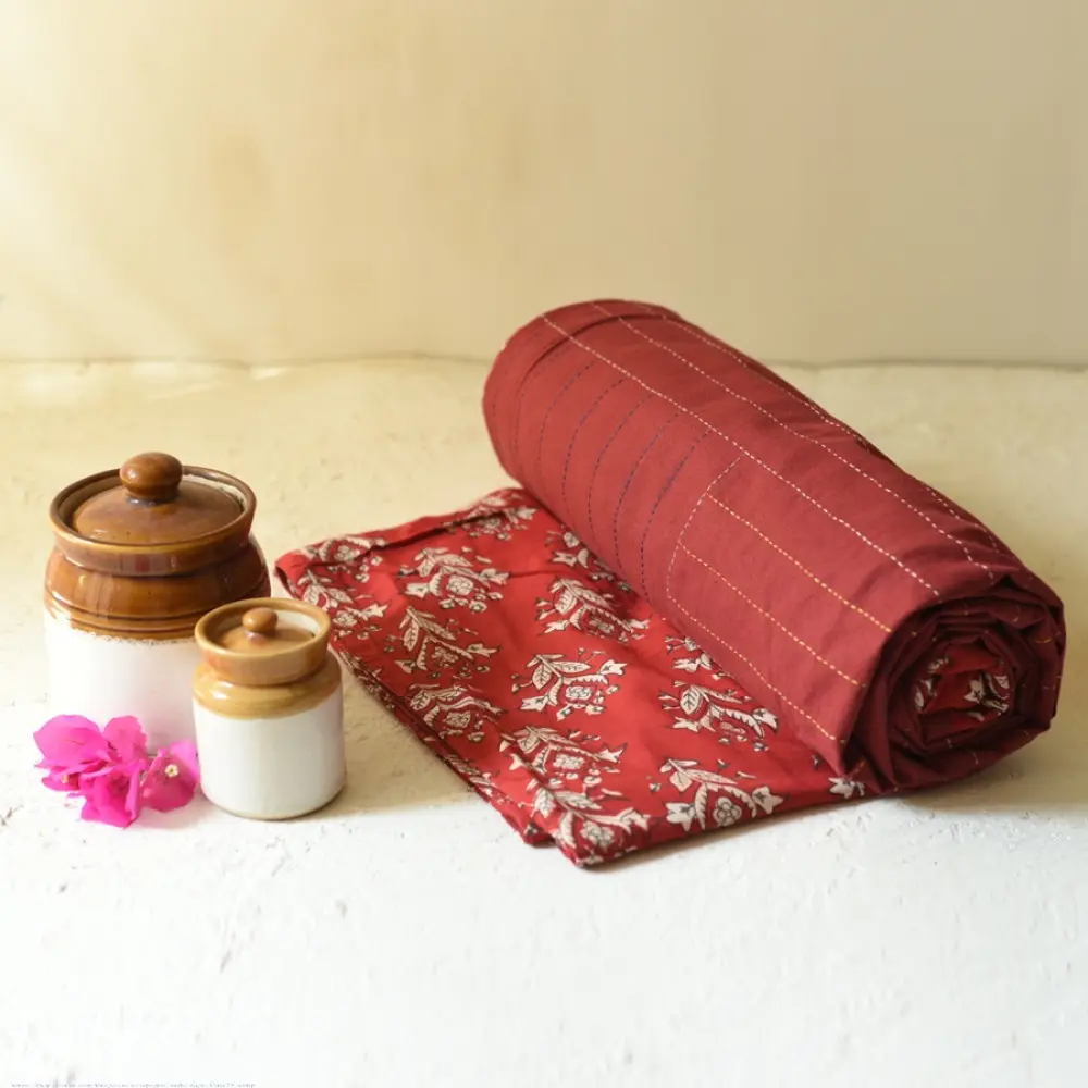 Embroidered Cotton Double Bedcover - Maroon