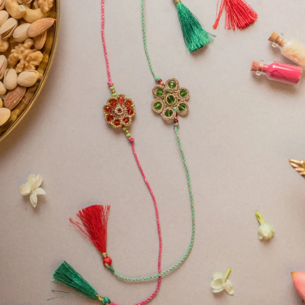 shop Handmade Jewelled Flowers Crochet Rakhi (Set of 2)