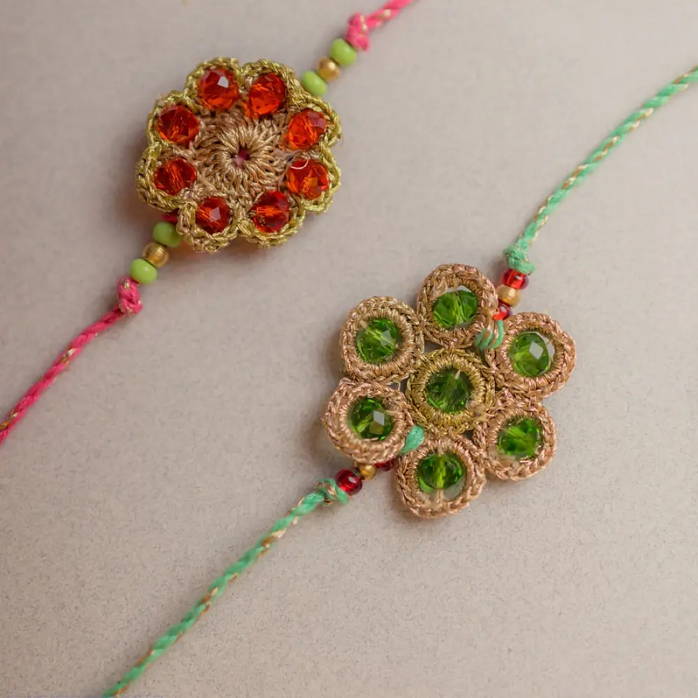 shop Handmade Jewelled Flowers Crochet Rakhi (Set of 2)