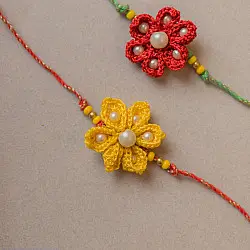 Crochet Rakhi -⚬- Handmade Red and Yellow Crochet Rakhi (Set of 2)