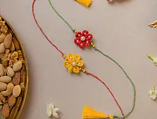 Crochet Rakhi -⚬- Handmade Red and Yellow Crochet Rakhi (Set of 2)