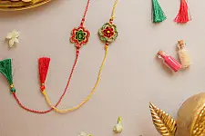 Crochet Rakhi -⚬- Handmade Red & Greeen Gem Rakhi (Set of 2)