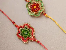 Crochet Rakhi -⚬- Handmade Red & Greeen Gem Rakhi (Set of 2)