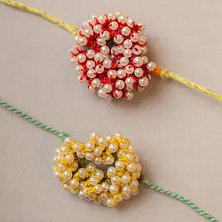 Crochet Rakhi -⚬- Handmade Beaded Coral Crochet Rakhi (Set of 2)