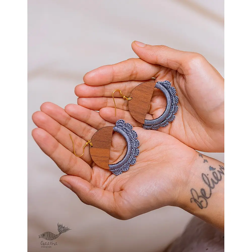 Crochet |  Crescent Moon Earrings ~ Beige ( Two Options Beige(Brown)/ Grey)
